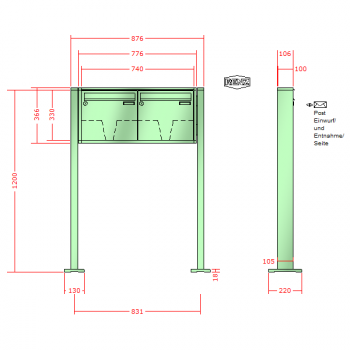 RENZ Quadra 4-seitig, Anlage ohne Installationskasten, Kasten 370x330x100, 2-teilig, mit 2 Fußplatten, 10-0-29661