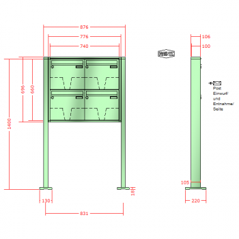 RENZ Quadra 4-seitig, Anlage ohne Installationskasten, Kasten 370x330x100, 4-teilig, mit 2 Fußplatten, 10-0-29663