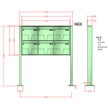 RENZ Quadra 4-seitig, Anlage ohne Installationskasten, Kasten 370x330x100, 6-teilig, mit 2 Fußplatten, 10-0-29665