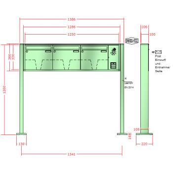 RENZ Quadra 4-seitig, Anlage mit Installationskasten, Kasten 370x330x100, 3-teilig, mit 2 Fußplatten, 10-0-29681