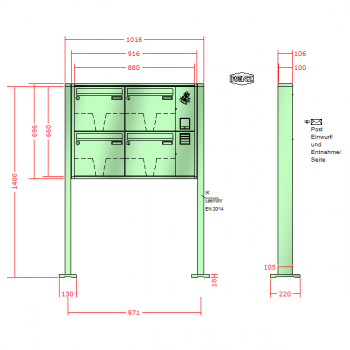 RENZ Quadra 4-seitig, Anlage mit Installationskasten, Kasten 370x330x100, 4-teilig, mit 2 Fußplatten, 10-0-29682