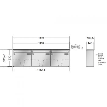 RENZ BASIC (B) Edelstahl, Anlage ohne Installationskasten, Kasten 370x330x145, 3-teilig, 10-0-35008