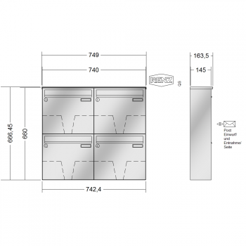 RENZ BASIC (B) Edelstahl, Anlage ohne Installationskasten, Kasten 370x330x145, 4-teilig, 10-0-35009