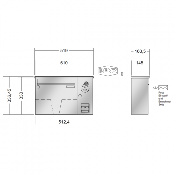 RENZ BASIC (B) Edelstahl, Anlage mit Installationskasten, Kasten 370x330x145, 1-teilig, Installationkasten senkrecht, 10-0-35018