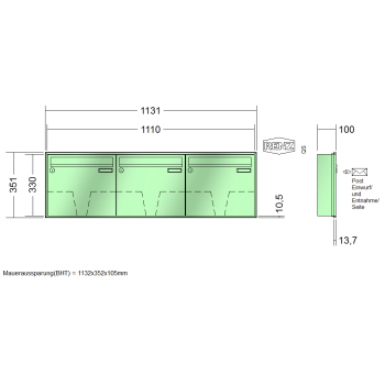 RENZ Schattenfugenrahmen, Anlage ohne Installationskasten, Kasten 370x330x100, 3-teilig, 10-0-35026