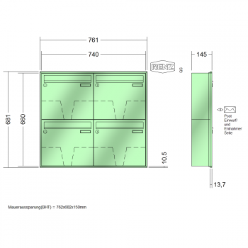 RENZ Schattenfugenrahmen, Anlage ohne Installationskasten, Kasten 370x330x145, 4-teilig, 10-0-35033