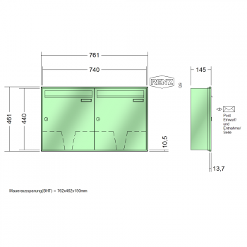 RENZ Schattenfugenrahmen, Anlage ohne Installationskasten, Kasten 370x440x145, 2-teilig, 10-0-35037