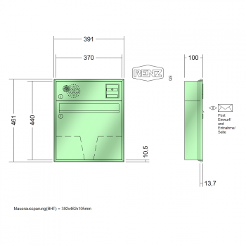 RENZ Schattenfugenrahmen, Anlage mit Installationskasten, Kasten 370x330x100, Installationskasten waagerecht, 1-teilig, 10-0-35042