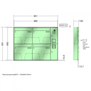 RENZ Schattenfugenrahmen, Anlage mit Installationskasten, Kasten 370x330x100, 4-teilig, 10-0-35046