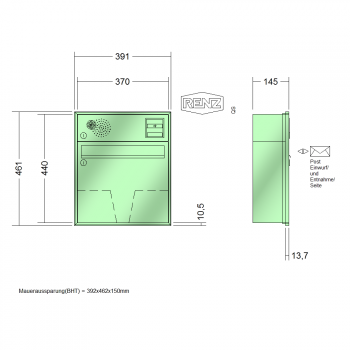 RENZ Schattenfugenrahmen, Anlage mit Installationskasten, Kasten 370x330x145, Installationskasten waagerecht, 1-teilig, 10-0-35049