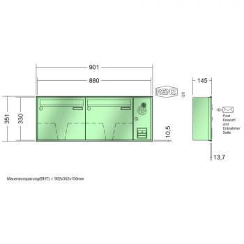 RENZ Schattenfugenrahmen, Anlage mit Installationskasten, Kasten 370x330x145, 2-teilig, 10-0-35051