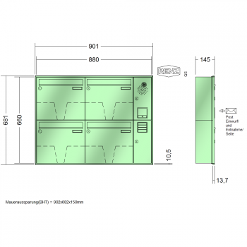 RENZ Schattenfugenrahmen, Anlage mit Installationskasten, Kasten 370x330x145, 4-teilig, 10-0-35053