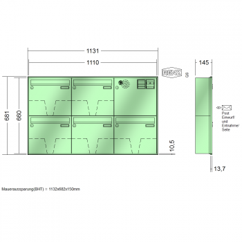 RENZ Schattenfugenrahmen, Anlage mit Installationskasten, Kasten 370x330x145, 5-teilig, 10-0-35054