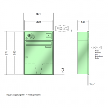 RENZ Schattenfugenrahmen, Anlage mit Installationskasten, Kasten 370x440x145, Installationskasten waagerecht, 1-teilig, 10-0-35056