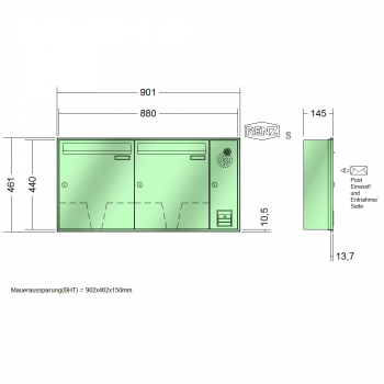 RENZ Schattenfugenrahmen, Anlage mit Installationskasten, Kasten 370x440x145, 2-teilig, 10-0-35058