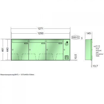 RENZ Schattenfugenrahmen, Anlage mit Installationskasten, Kasten 370x440x145, 3-teilig, 10-0-35059