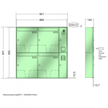 RENZ Schattenfugenrahmen, Anlage mit Installationskasten, Kasten 370x440x145, 4-teilig, 10-0-35060