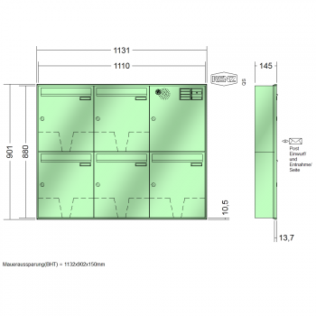 RENZ Schattenfugenrahmen, Anlage mit Installationskasten, Kasten 370x440x145, 5-teilig, 10-0-35061