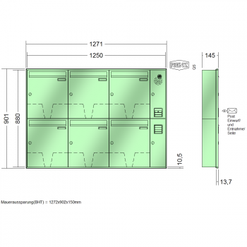 RENZ Schattenfugenrahmen, Anlage mit Installationskasten, Kasten 370x440x145, 6-teilig, 10-0-35062