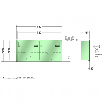 RENZ Eckrahmen Stahl-Ausführung, Anlage ohne Installationskasten, Kasten 370x330x145, 2-teilig, 10-0-35101