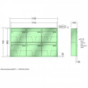 RENZ Eckrahmen Stahl-Ausführung, Anlage ohne Installationskasten, Kasten 370x330x145, 6-teilig, 10-0-35105