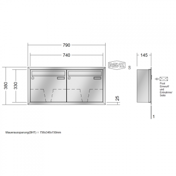 RENZ Eckrahmen Edelstahl V4A-Ausführung, Anlage ohne Installationskasten, Kasten 370x330x145, 2-teilig, 10-0-35107