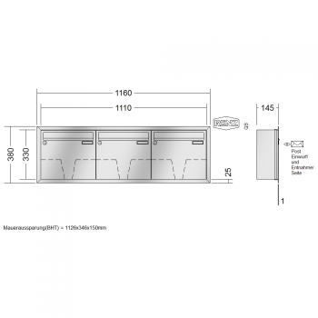 RENZ Eckrahmen Edelstahl V4A-Ausführung, Anlage ohne Installationskasten, Kasten 370x330x145, 3-teilig, 10-0-35108