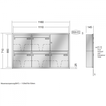 RENZ Eckrahmen Edelstahl V4A-Ausführung, Anlage ohne Installationskasten, Kasten 370x330x145, 5-teilig, 10-0-35110