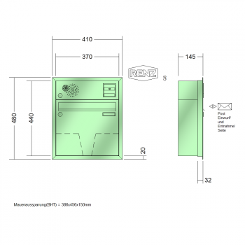 RENZ Eckrahmen Stahl-Ausführung, Anlage mit Installationskasten, Kasten 370x330x145, 1-teilig Installationskasten waagerecht, 10-0-35130