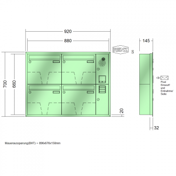 RENZ Eckrahmen Stahl-Ausführung, Anlage mit Installationskasten, Kasten 370x330x145, 4-teilig, 10-0-35134