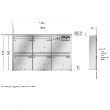 RENZ Eckrahmen Edelstahl V4A-Ausführung, Anlage mit Installationskasten, Kasten 370x330x145, 5-teilig, 10-0-35142