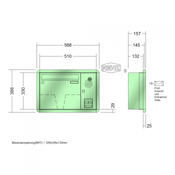 RENZ RS 3000, Anlage mit Installationskasten, Kasten 370x330x145, Installationskasten senkrecht, 1-teilig, 10-0-35145