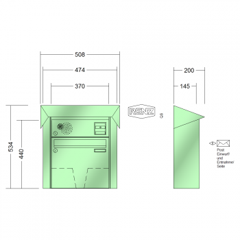 RENZ PRISMA Stahl-Ausführung, Anlage mit Installationskasten, Kasten 370x330x145, 1-teilig, Installationskasten waagerecht, 10-0-35956