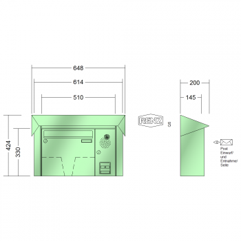 RENZ PRISMA Stahl-Ausführung, Anlage mit Installationskasten, Kasten 370x330x145, 1-teilig, Installationskasten senkrecht, 10-0-35957