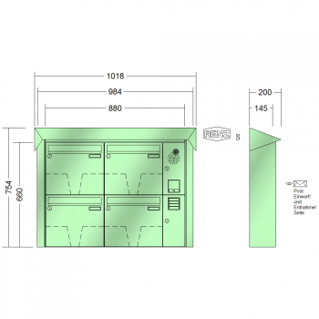 RENZ PRISMA Stahl-Ausführung, Anlage mit Installationskasten, Kasten 370x330x145, 4-teilig, 10-0-35960