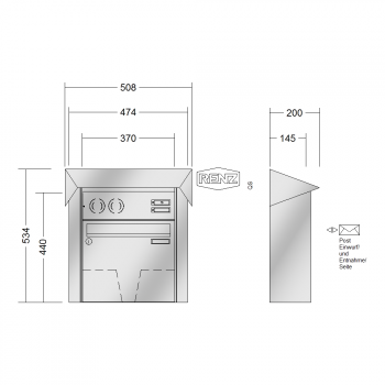 RENZ PRISMA Edelstahl V4A-Ausführung, Anlage mit Installationskasten, Kasten 370x330x145, 1-teilig, Installationskasten waagerecht, 10-0-35963