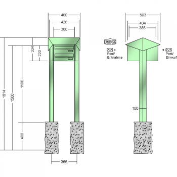 RENZ PRISMA Stahl-Ausführung, Anlage ohne Installationskasten, Durchwurfanlage, Kasten 300x110x385, 2-teilig, zum Einbetonieren, 12-0-25731