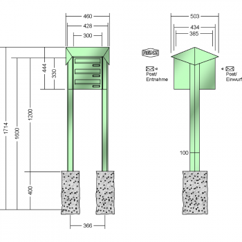 RENZ PRISMA-Stahl-Ausführung, Anlage ohne Installationskasten, Durchwurfanlage, Kasten 300x110x385, 3-teilig, zum Einbetonieren,12-0-25732