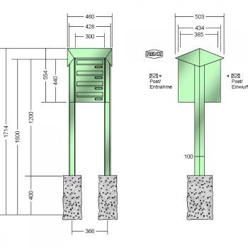 RENZ PRISMA Stahl-Ausführung, Anlage ohne Installationskasten, Durchwurfanlage, Kasten 300x110x385, 4-teilig, zum Einbetonieren, 12-0-25733