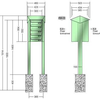 RENZ PRISMA Stahl-Ausführung, Anlage ohne Installationskasten, Durchwurfanlage, Kasten 300x110x385, 5-teilig, zum Einbetonieren, 12-0-25734