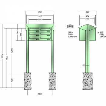 RENZ PRISMA Stahl-Ausführung, Anlage ohne Installationskasten, Durchwurfanlage, Kasten 300x110x385, 6-teilig, zum Einbetonieren, 12-0-25735