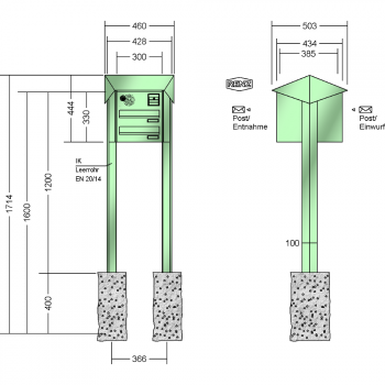 RENZ PRISMA Stahl-Ausführung, Anlage mit Installationskasten, Durchwurfanlage, Kasten 300x110x385, 2-teilig, zum Einbetonieren, 12-0-25743