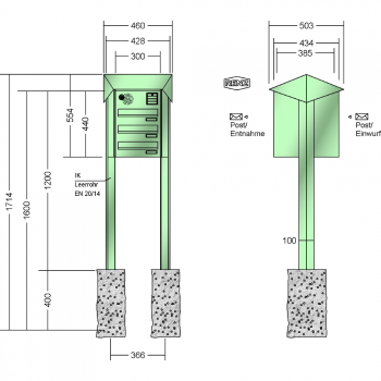 RENZ PRISMA Stahl-Ausführung, Anlage mit Installationskasten, Durchwurfanlage, Kasten 300x110x385, 3-teilig, zum Einbetonieren, 12-0-25744