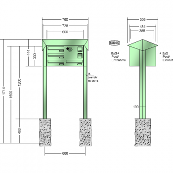 RENZ PRISMA Stahl-Ausführung, Anlage mit Installationskasten, Durchwurfanlage, Kasten 300x110x385, 4-teilig, zum Einbetonieren, 12-0-25745