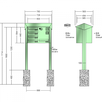 RENZ PRISMA Stahl-Ausführung, Anlage mit Installationskasten, Durchwurfanlage, Kasten 300x110x385, 5-teilig, zum Einbetonieren, 12-0-25746