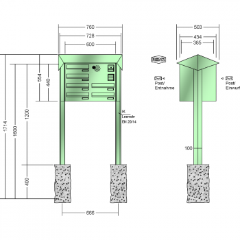 RENZ PRISMA Stahl-Ausführung, Anlage mit Installationskasten, Durchwurfanlage, Kasten 300x110x385, 6-teilig, zum Einbetonieren, 12-0-25747