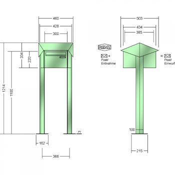 RENZ PRISMA-Stahl-Ausführung, Anlage ohne Installationskasten, Durchwurfanlage, Kasten 300x220x385, 1-teilig, mit 2 Fußplatten ,12-0-29730