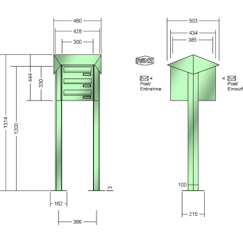 RENZ PRISMA Stahl-Ausführung, Anlage ohne Installationskasten, Durchwurfanlage, Kasten 300x110x385, 3-teilig, mit 2 Fußplatten, 12-0-29732