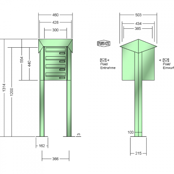 RENZ PRISMA Stahl-Ausführung, Anlage ohne Installationskasten, Durchwurfanlage, Kasten 300x110x385, 4-teilig, mit 2 Fußplatten, 12-0-29733