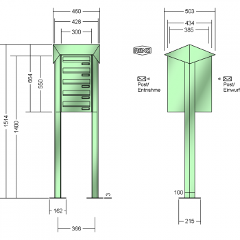 RENZ PRISMA Stahl-Ausführung, Anlage ohne Installationskasten, Durchwurfanlage, Kasten 300x110x385, 5-teilig, mit 2 Fußplatten, 12-0-29734